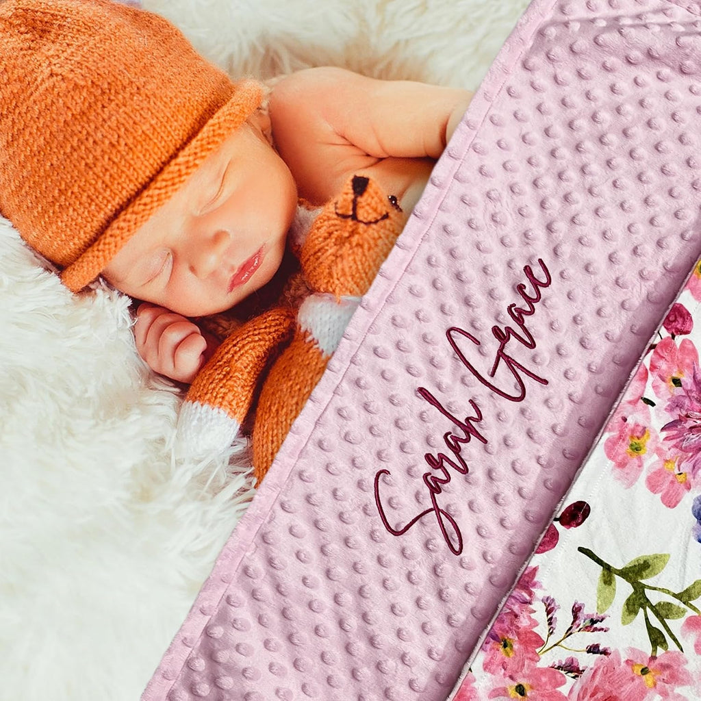 Blanket 28x36in Custom Minky Blanket with Name Embroidery - Super Soft Plush for Newborn Boys & Girls (Pink Floral)