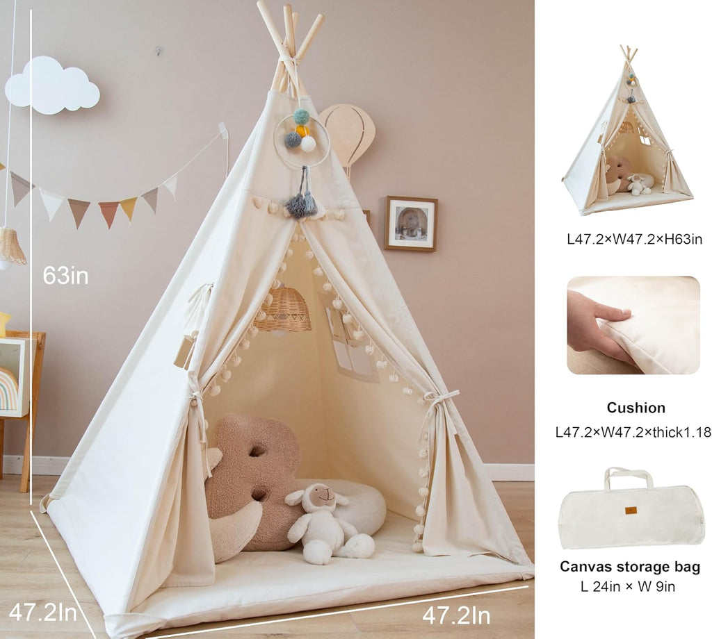 Teepee Tent for Kids with Padded Mat Foldable Tone Play Tents for Girl and Boy Canvas Tepee Playhouse for Child