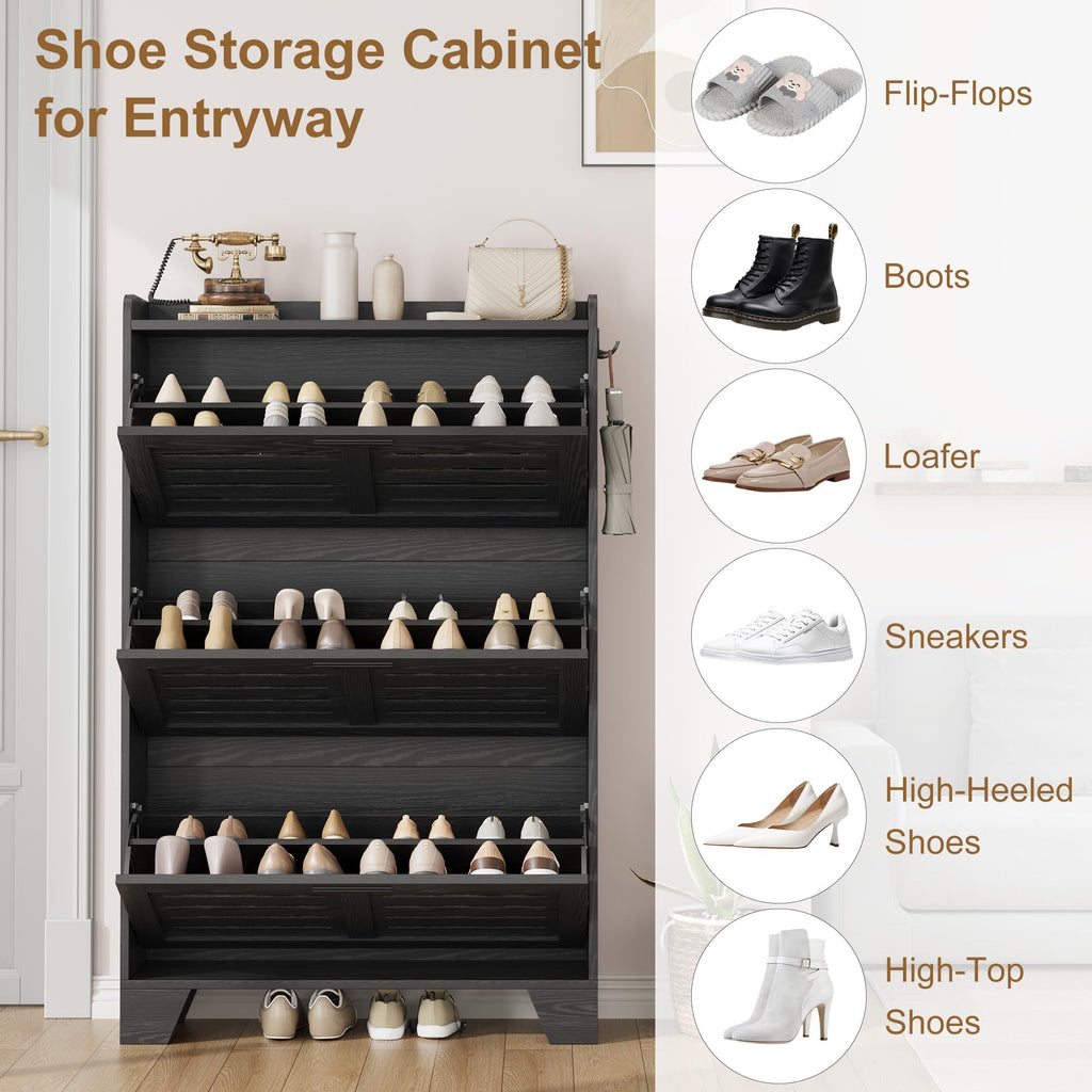 Shoe Cabinet Storage, Slim Shoe Storage Cabinet with 3 Flip Drawers, Freestanding Hidden Narrow Shoe Organizer