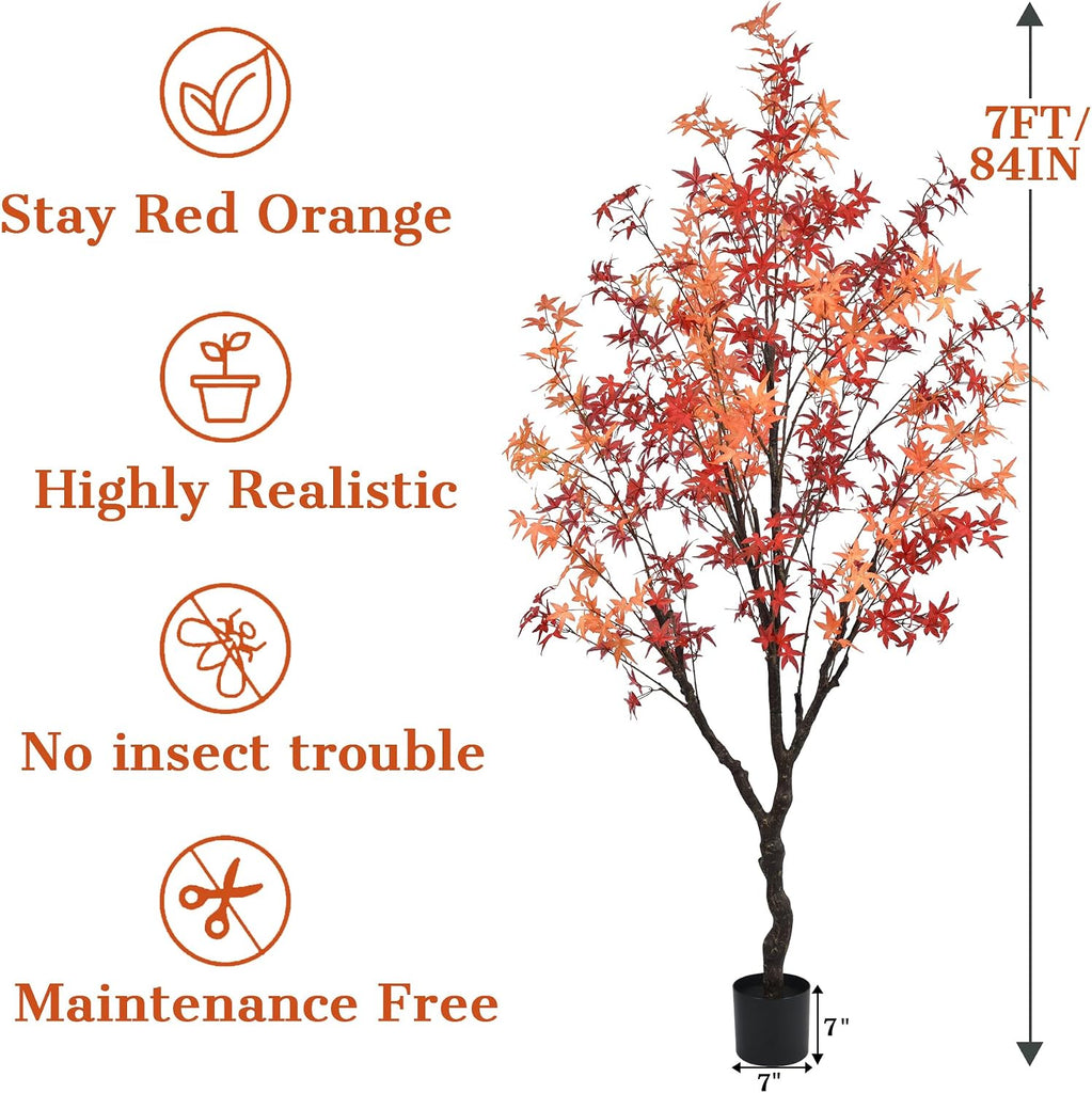 Maple Tree 7FT - Large Faux Plant Indoor with Orange Red Leaves & Realistic Trunk, 84" Tall Fake Autumn Maple Tree