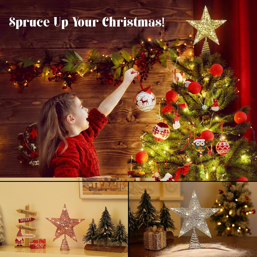 Christmas Star Tree Topper with Lights and Sequins, Gold