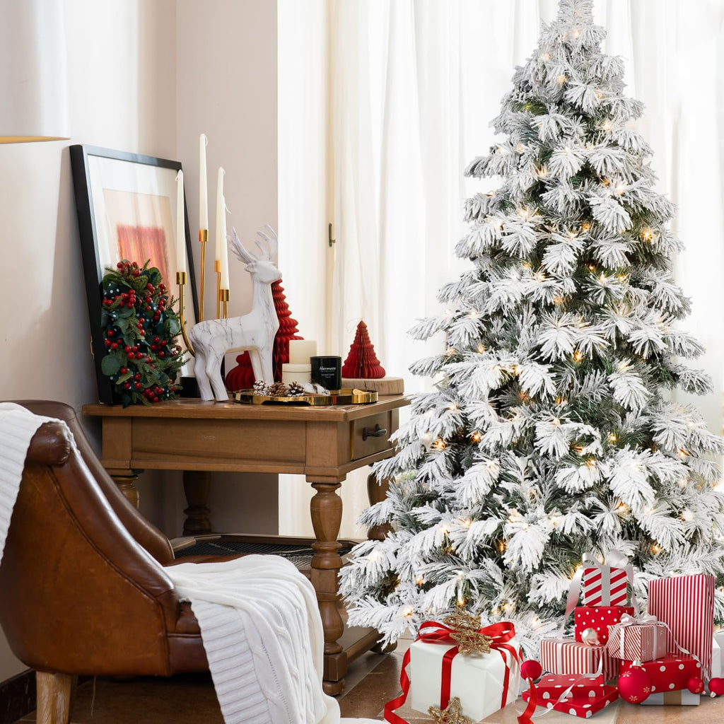 Prelit Flocked Christmas Tree, Premium Artificial Christmas Tree with 270 Warm White Lights and 594 Branch Tips
