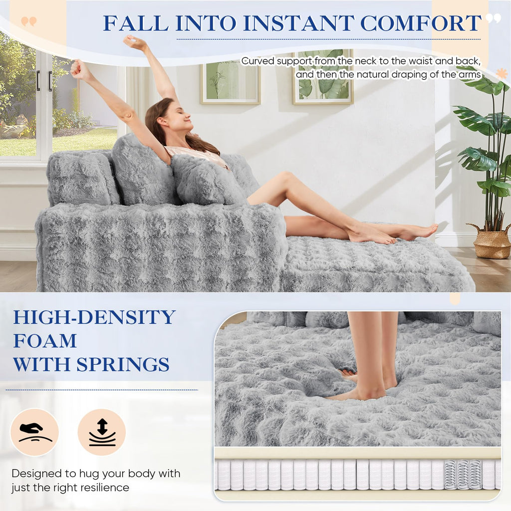 60.75" Oversized Chaise Lounge Indoor, Modern Comfy Bubble Faux Fur Fabric Deep Seat Boneless Sleeper Chaise Lounge