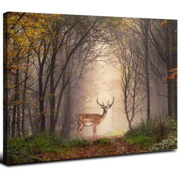 Wild Animal Landscape Canvas Wall Art Deer in Autumn Foggy Forest Picture Wall Decor Elk Wildlife Scenery Photo