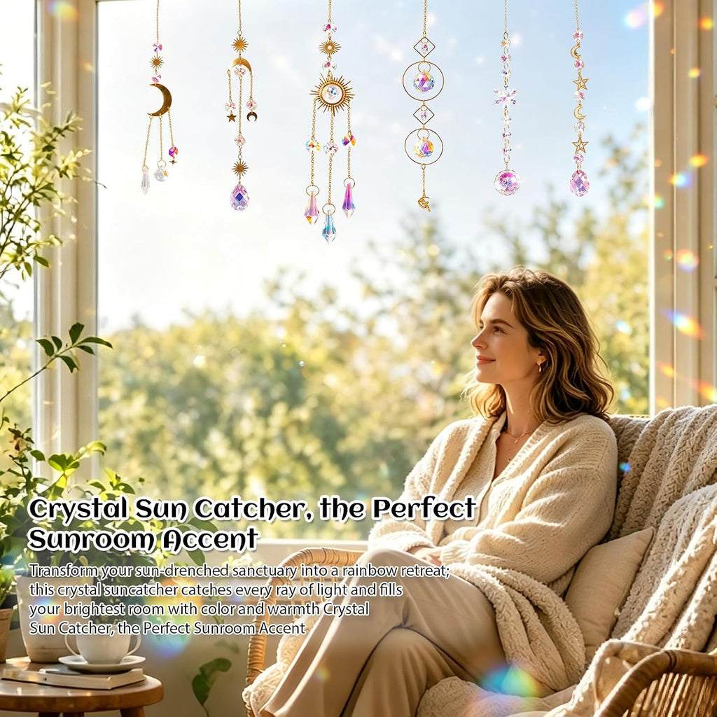 6 Pack Crystal Suncatchers for Window, Rainbow Prism Hanging Decor - Sun Catchers Indoor Hanging Decor with Sun Moon