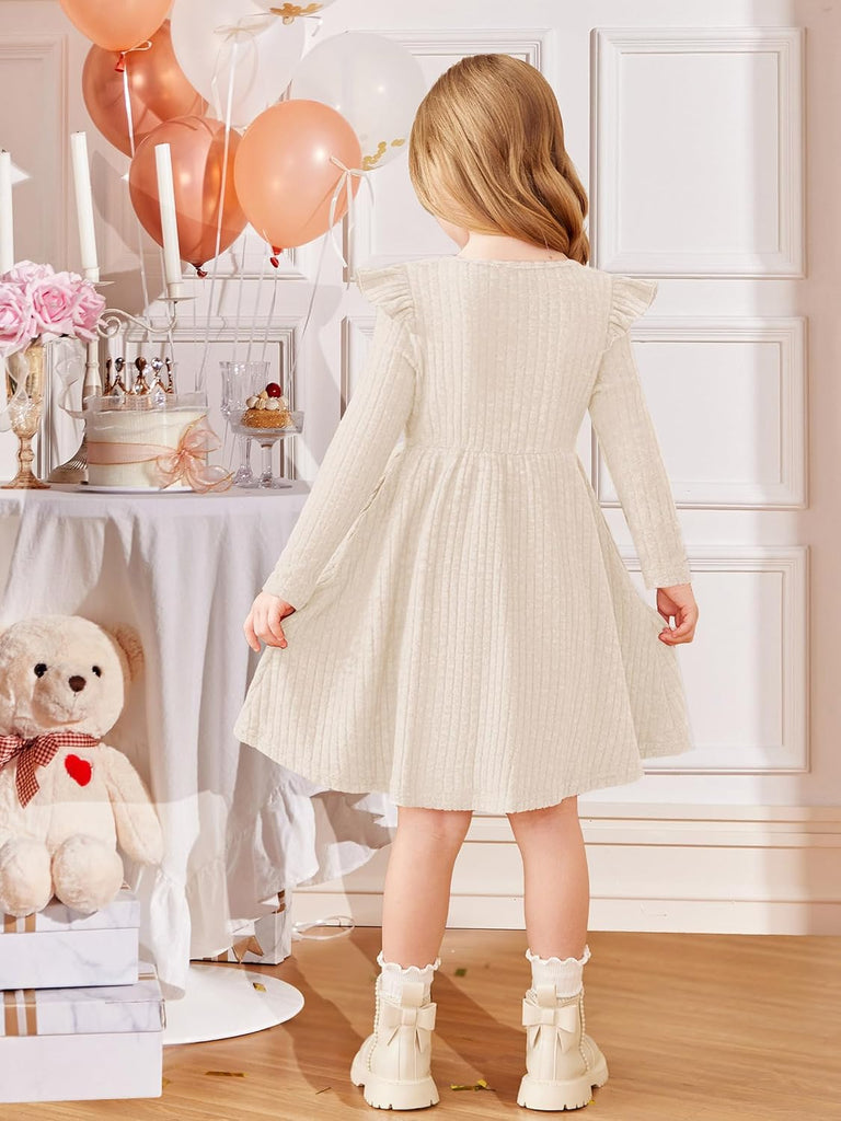 Toddler Girl Dress Baby Girls Knitted Ruffle Sleeve Pocket Dresses A-Line Flared Fall Winter Clothes