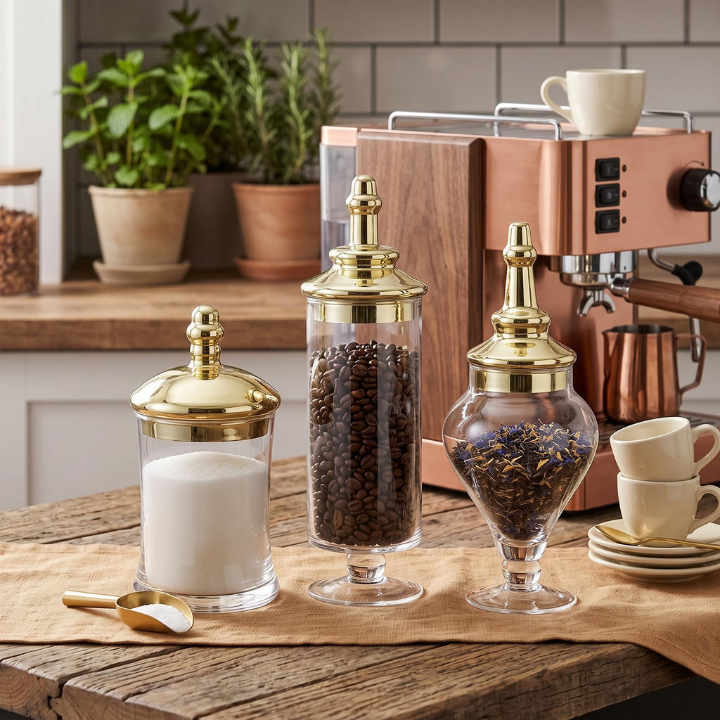 3 Piece Clear Glass Apothecary Jars with Metallic Brass Tone Lids