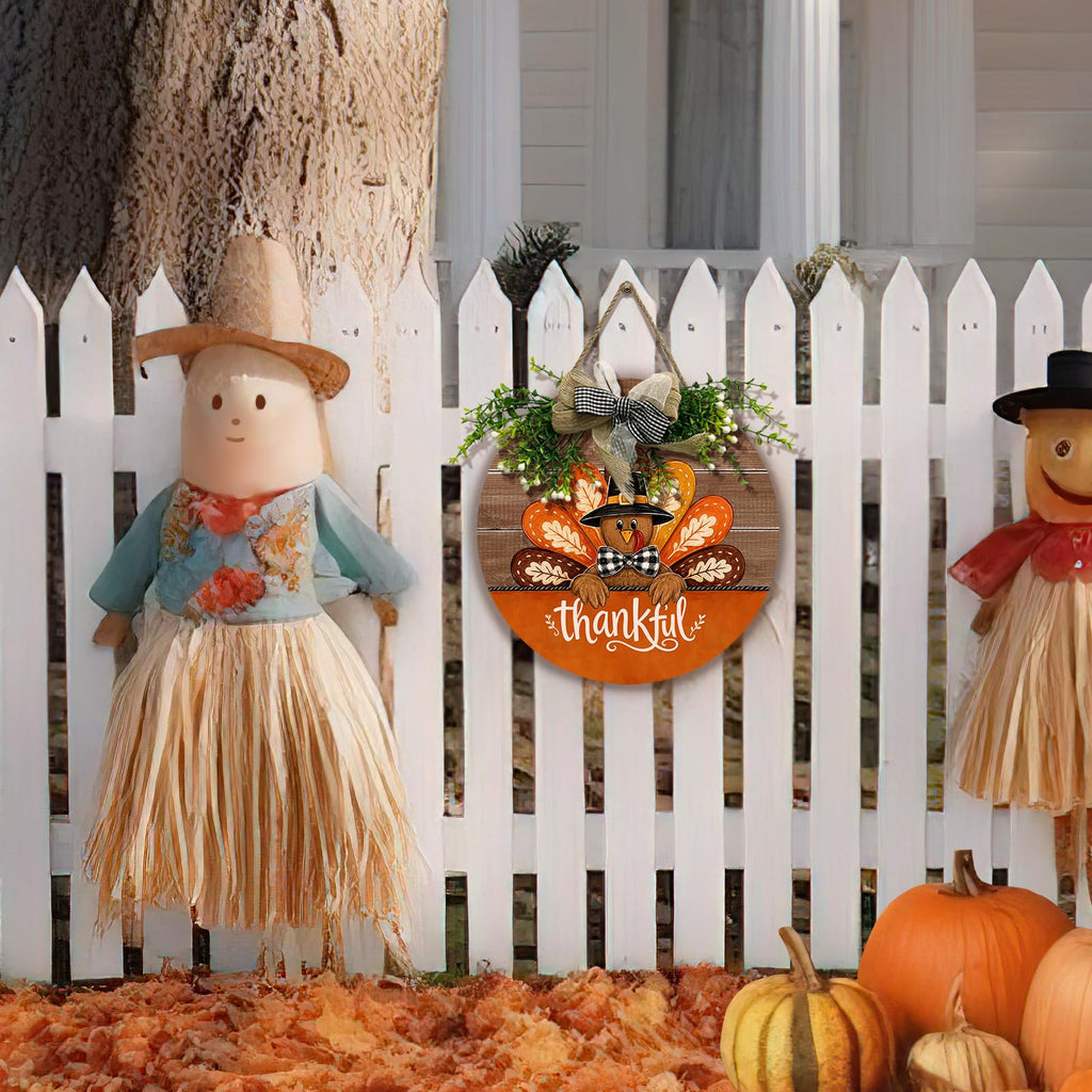 Thanksgiving Thankful Turkey Door Sign for Front Porch Farmhouse Round Wood Hanging Sign with Wreath and Bow Greenery