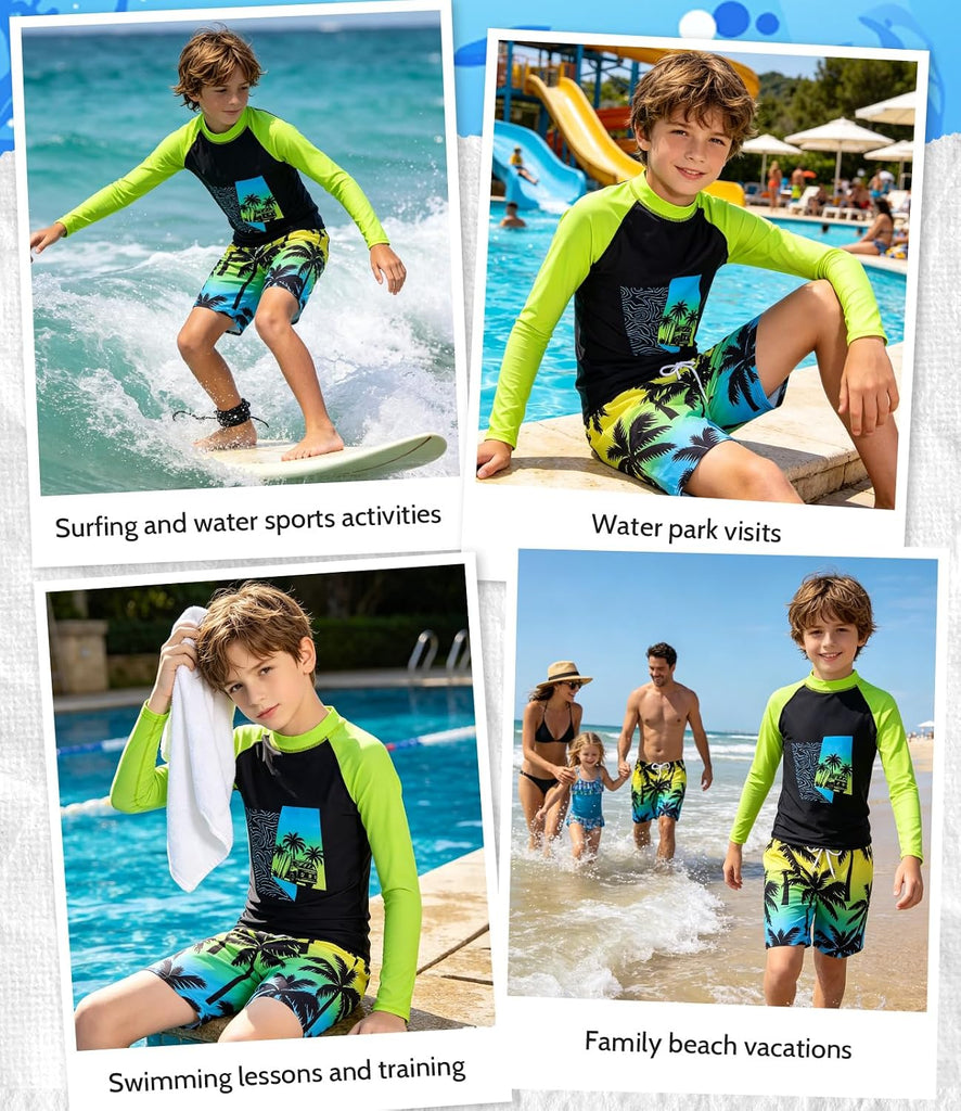 Boys Rash Guard Swim Set, UPF 50+ Swim Shirt and Trunks