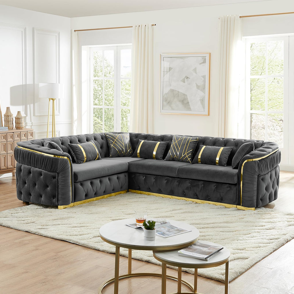 Oversize Luxury Sectional Couch 110.5" Chesterfield Sofa, Grey and Gold Sofas with Metal Accents, Victorian Curved