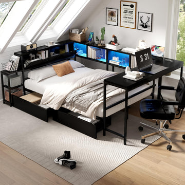 Corner Bed Frame with Storage Bookcase and Led Lights, Twin Size Metal Platform Bed Frame with Storage Drawers and