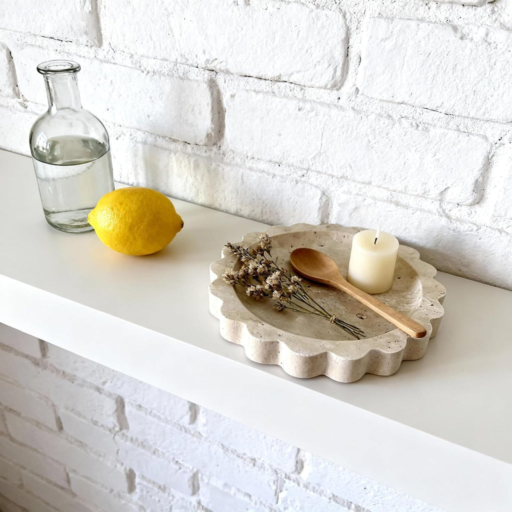 Marble Scalloped Edge Tray, 6.3"*6.3"Travertine Ring Dish Jewelry Tray