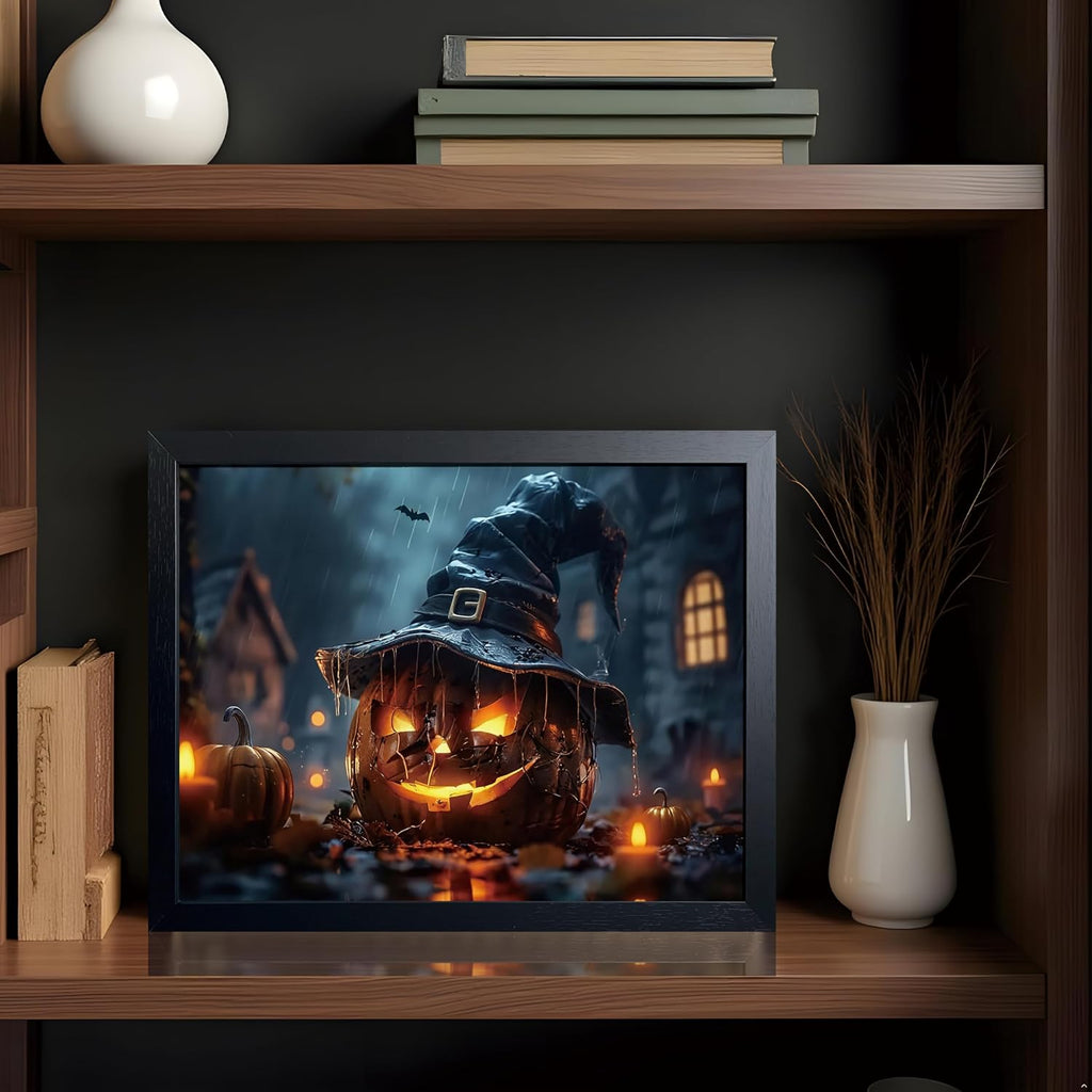 Wood Framed Dark Halloween Pumpkin Wall Art, Gothic Witch Hat Jack-o'-Lantern Canvas Print, Dark Academia Spooky