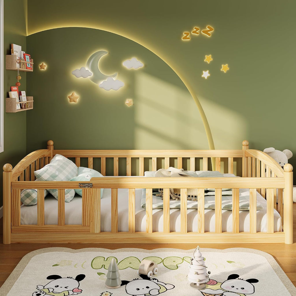 Floor Bed with High Rails, Montessori Bed Frame with Wood Slats and Door, Montessori Floor Bed for Kids