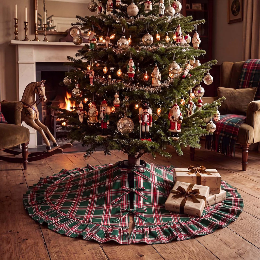 48 Inch Plaid Christmas Tree Skirt with Ruffle, Red Green Yellow