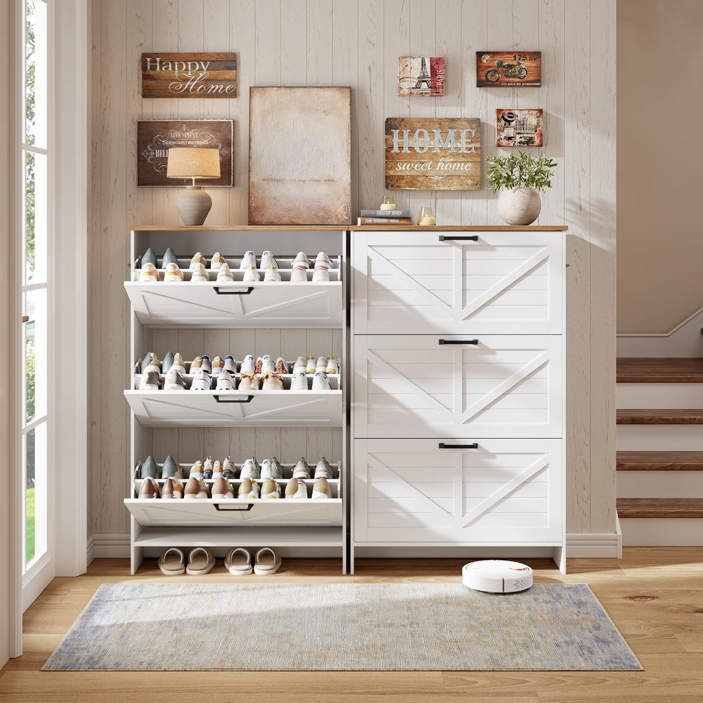 Shoe Storage Cabinet, Freestanding Fluted Accent Ultra Slim Shoe Cabinet with 3 Flip Drawers, Farmhouse Shoe Rack