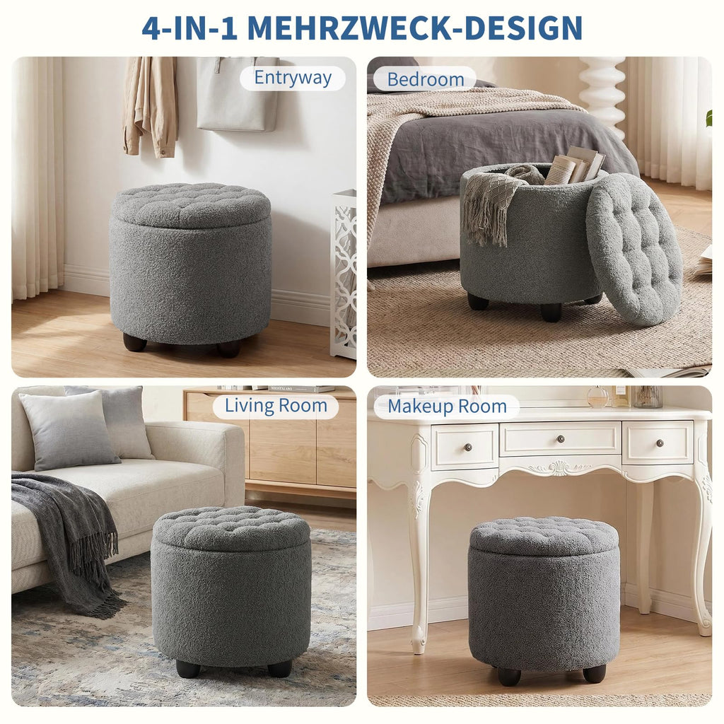 Modern Round Storage Ottoman, Upholstered Button Tufted Ottoman Footstool Ottomans with Removable Lid Storage