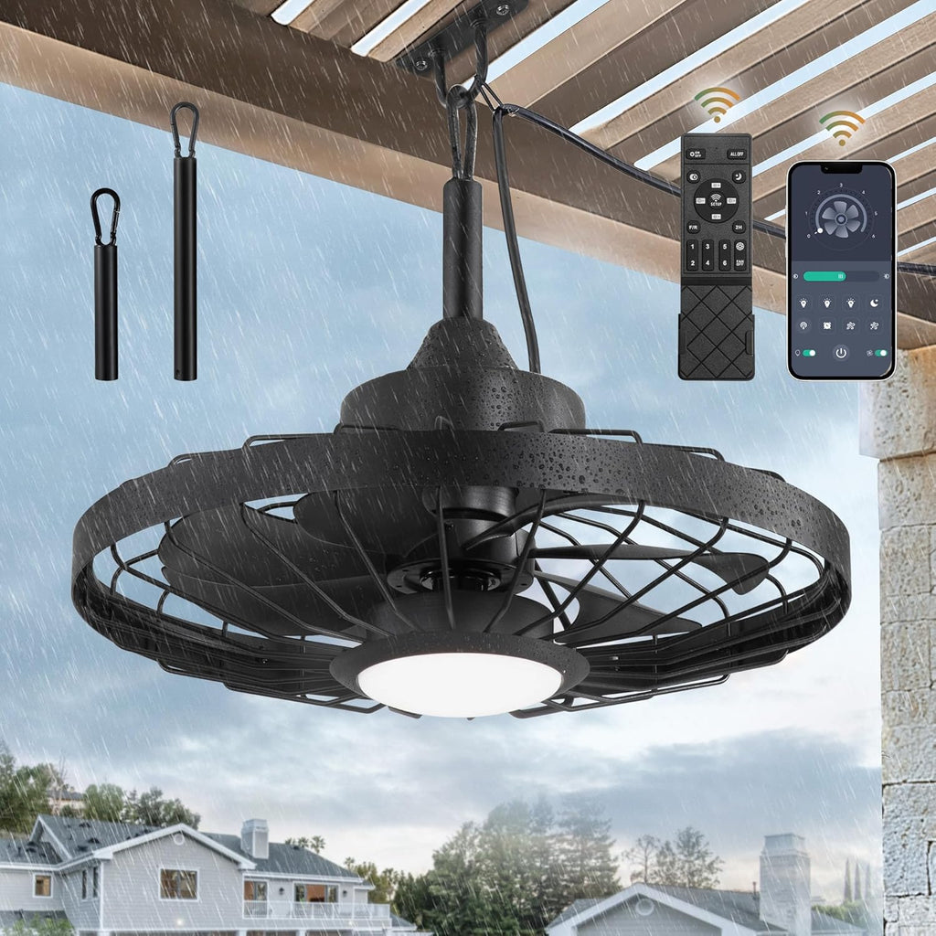 20" Outdoor Ceiling Fan with Lights,IP65 Waterproof Gazebo Hanging Fan with Remote Control Smart App, Plug in Caged Ceiling Fan with 3CCT 6-Speeds for Patio Porch Pergola(Black)