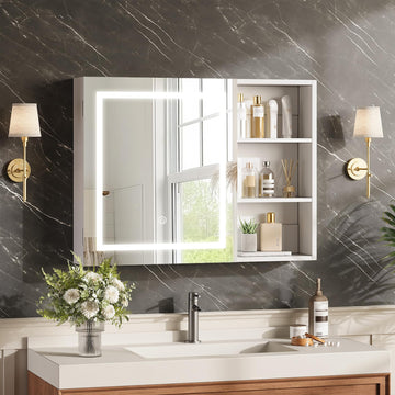 32" x 24" Lighted Medicine Cabinet with Mirror, Modern Wall Mounted Bathroom Cabinet with Storage Shelves, Touch