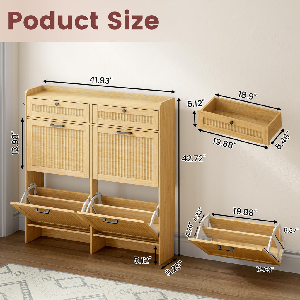 Fluted Shoe Cabinet, 4 Flip & 2 Top Drawers, Oak