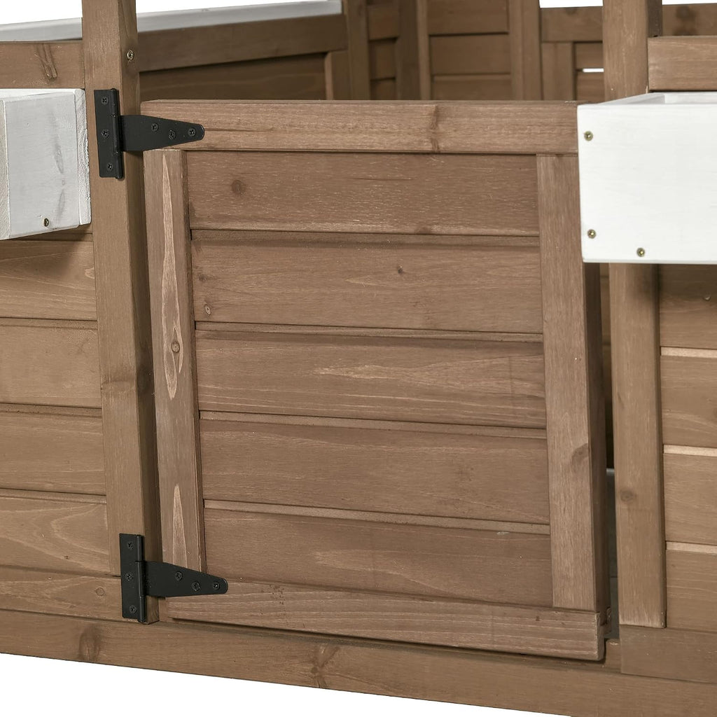 Outdoor Playhouse Wooden Kids Playhouse with Working Door Brown | Windows, Kids Cottage, Flowers Pot Holder, Backyard
