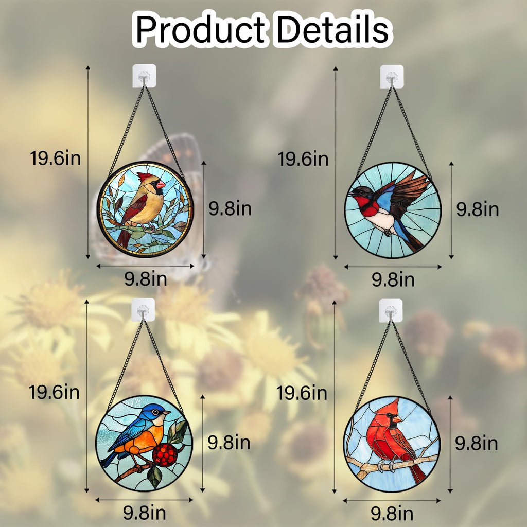 Stained Glass Window Hanging 4 Pcs Set Cardinal Blue Birds 9.8" - Suncatcher Door Garden Decor Birthday Mother's Day