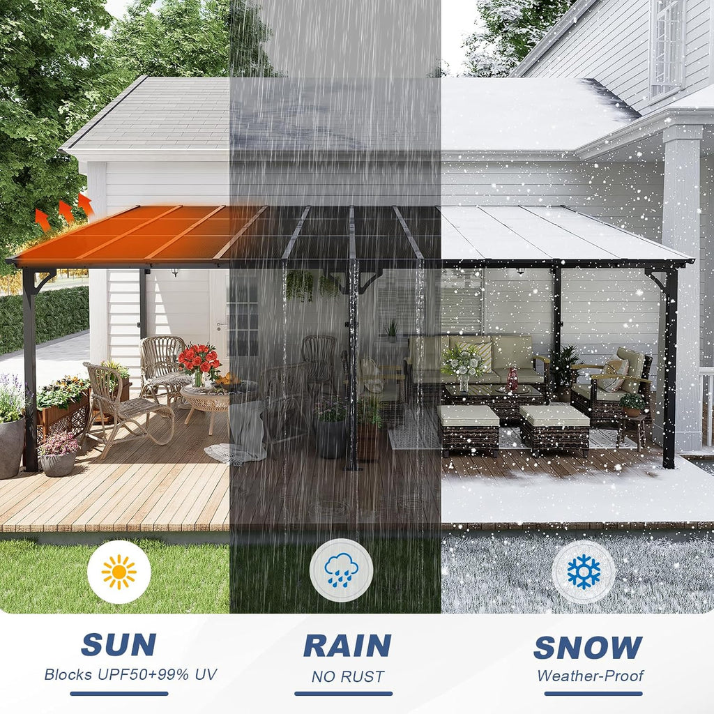 12' x 14' Wall-Mounted Lean-to Gazebo, Aluminum Pergola with Polycarbonate Roof & Solar Light – Black