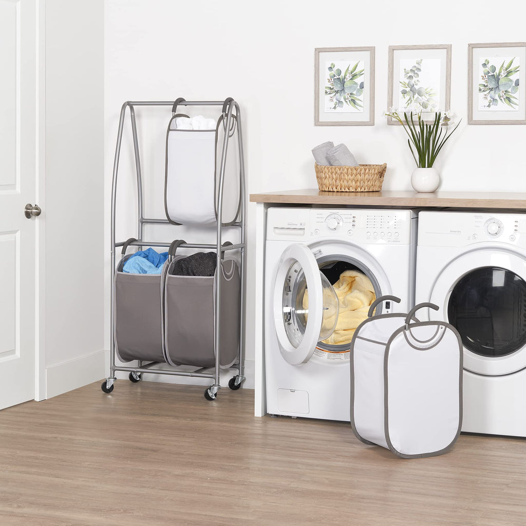 2 Tier Vertical Rolling Laundry Cart - Rolling Storage Cart On Wheels With 4 x Tote Hampers For Laundry, Towels
