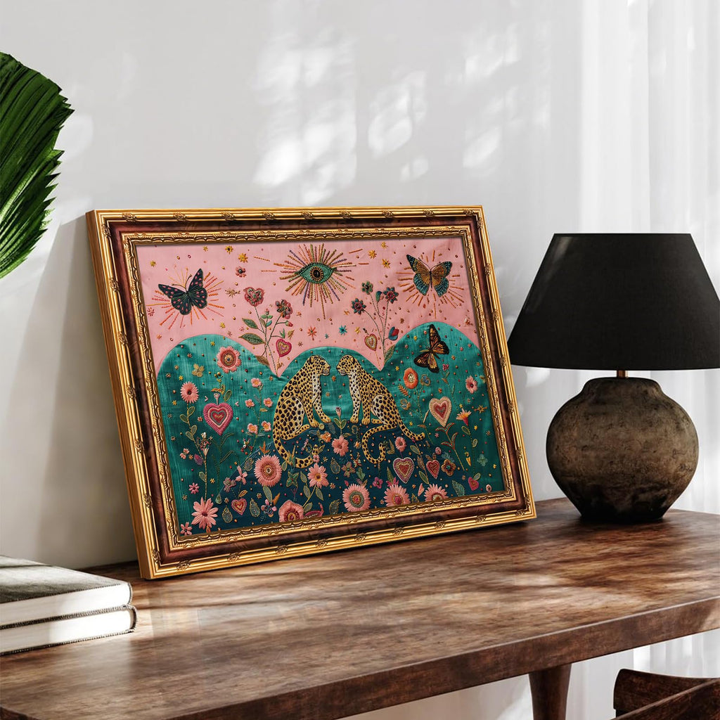 Mystical Leopard and Butterfly Wall Art with Gold Vintage Frame, Surreal Botanical Folk Art Print, Embroidery Style