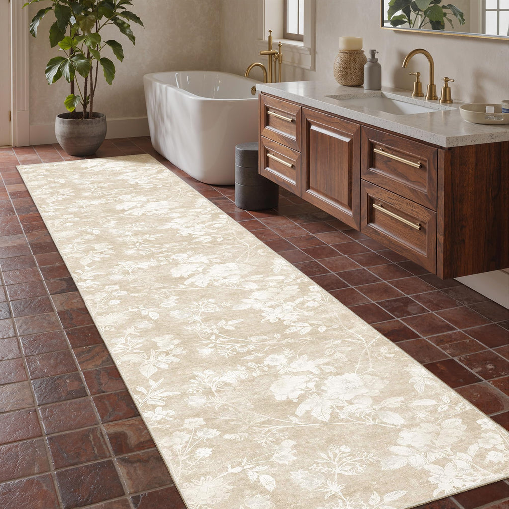 Washable Runner Rug 2x12, Neutral Floral Hallway Runner Rug Beige