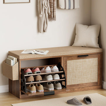 40'' Shoe Storage Bench, Entryway Bench with Shoe Storage & 2 Flip Drawer & Seat Cushion, Rattan Hidden Shoe Rack