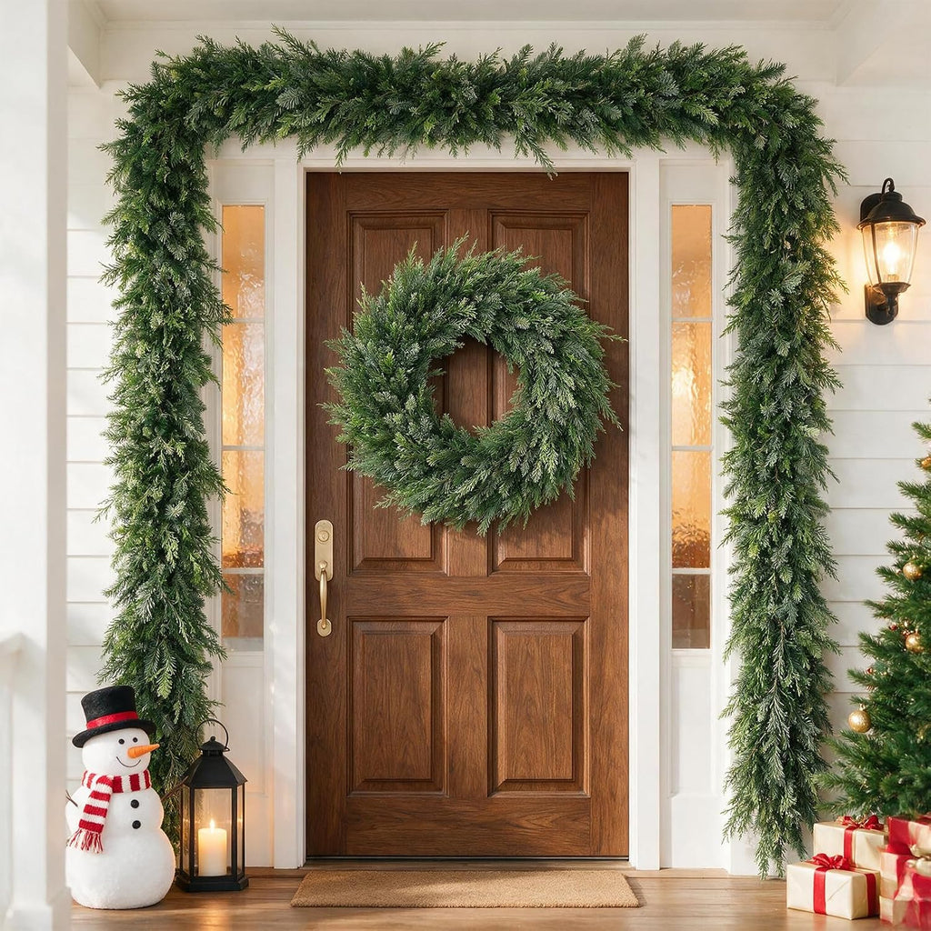 9FT Christmas Cedar Garland, Artificial Realistic Pine Greenery Garland with Flexible Wired Branches, Faux Cedar
