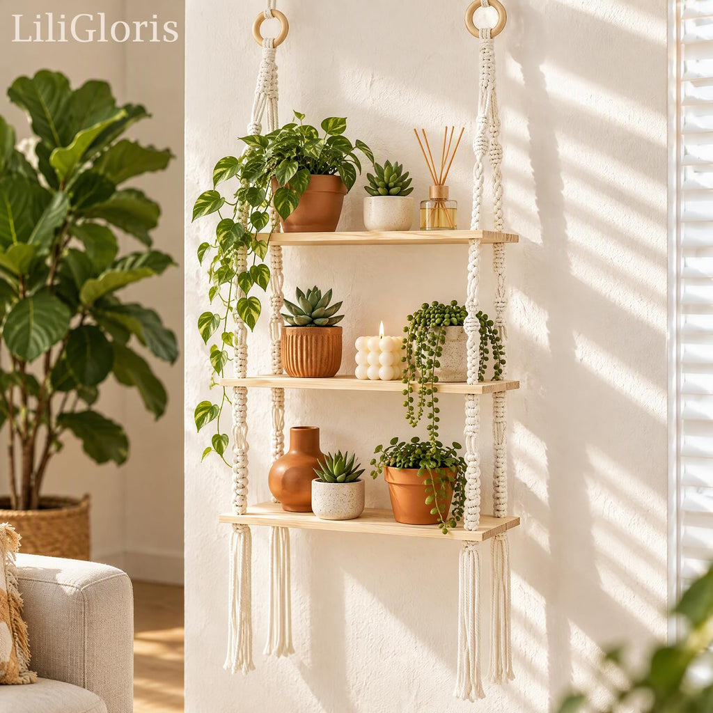 3-Tier Boho Hanging Shelves for Wall - Rustic Floating Wood Shelves with Rope, Macrame Plant Shelf Organizer Decor