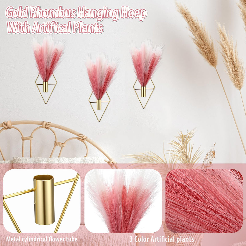 4 Sets Boho Wall Decor Metal Wall Art Hanging Planters with Pampas