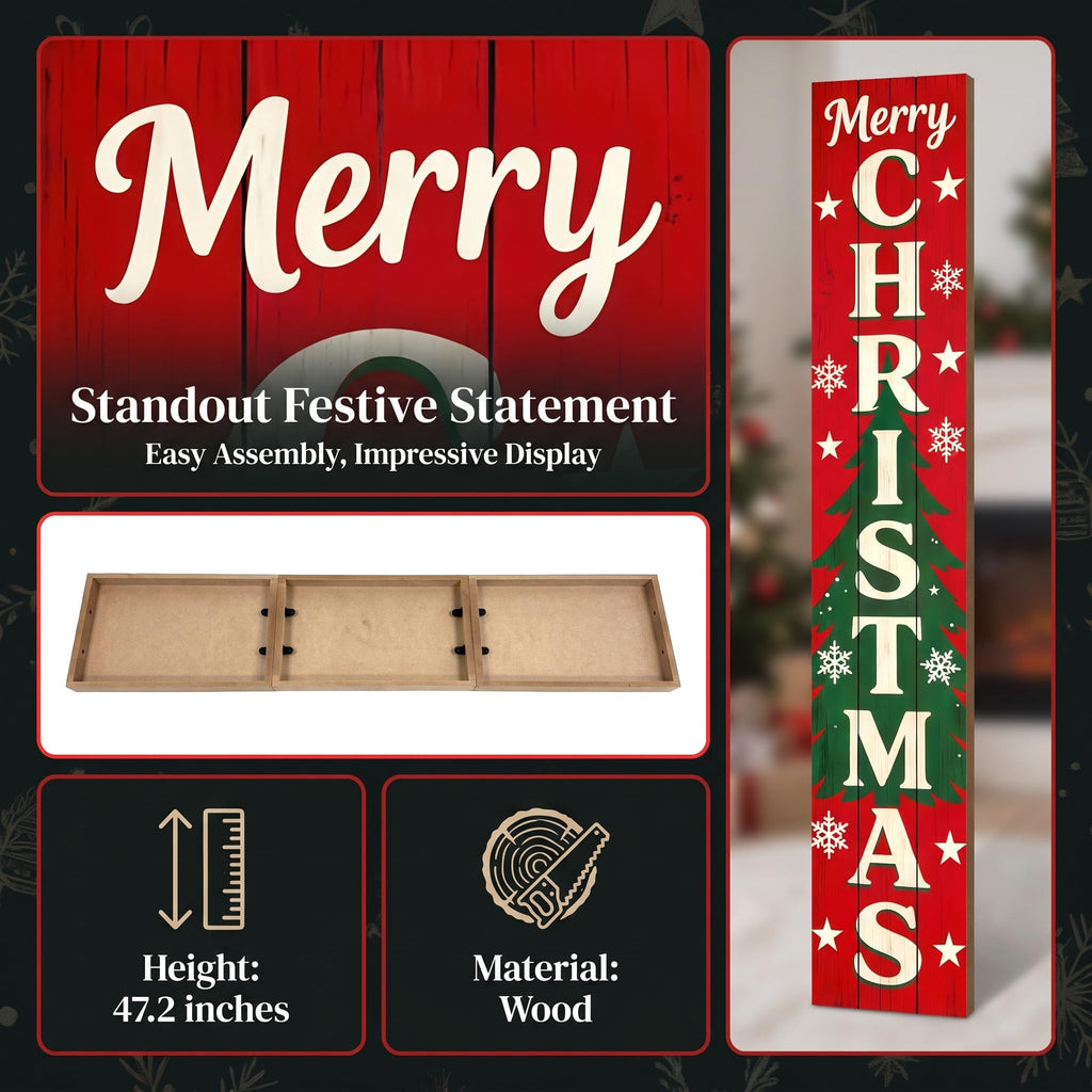 Vertical Merry Christmas Porch Sign, Rustic Wooden Xmas Standing Sign, Christmas Day Farmhouse Outdoor