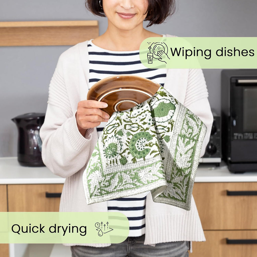 CPC Agate Green Hand Block Print Waffle Kitchen Towel Set of 3-16 x 28 Inch Ultra Absorbent Quick Dry Cotton Dish
