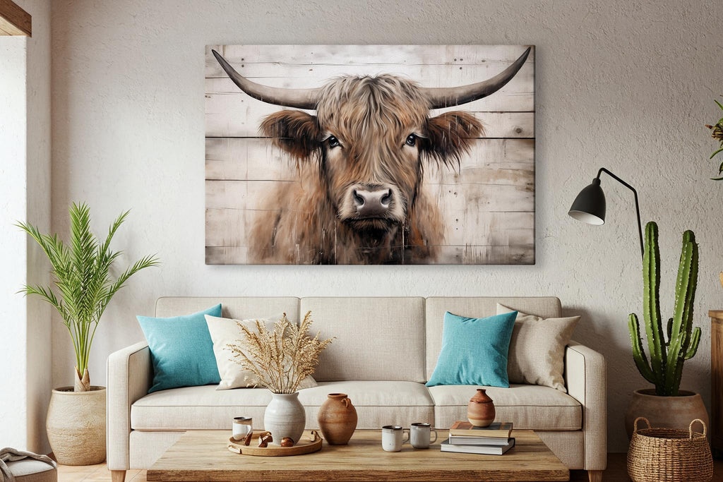 Texas Longhorn Cow Canvas Wall Art - Bull Print Home Decor - Barnhouse Wall Art - Farmhouse and Wild West Small to