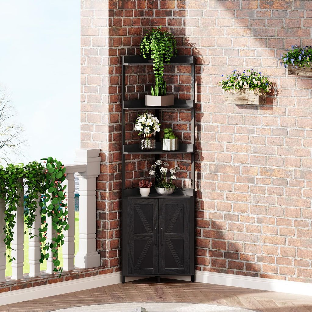 Corner Shelf with Storage, Tall Corner Storage Cabinet, 5-Tier Corner Bookshelf with Protective Fence, Black BB78CJ01