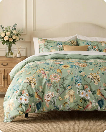 Floral Duvet Cover - 100% Cotton Reversible Flowers and Birds Pattern Duvet Cover Set, 3 Pieces Soft &