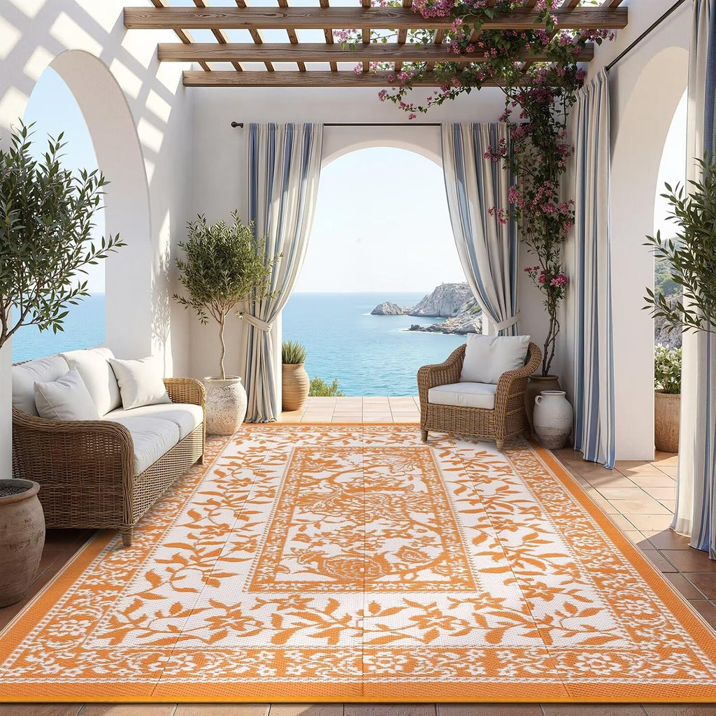 Outdoor Rug Waterproof Reversible Foldable Plastic Straw Orange