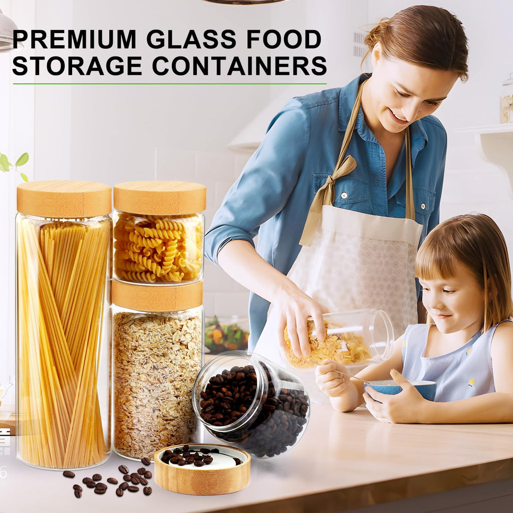 Airtight Glass Jar with Lid, Glass Storage Containers with Screw On Bamboo Lids, for Cookie, Pasta, Cereal Storage