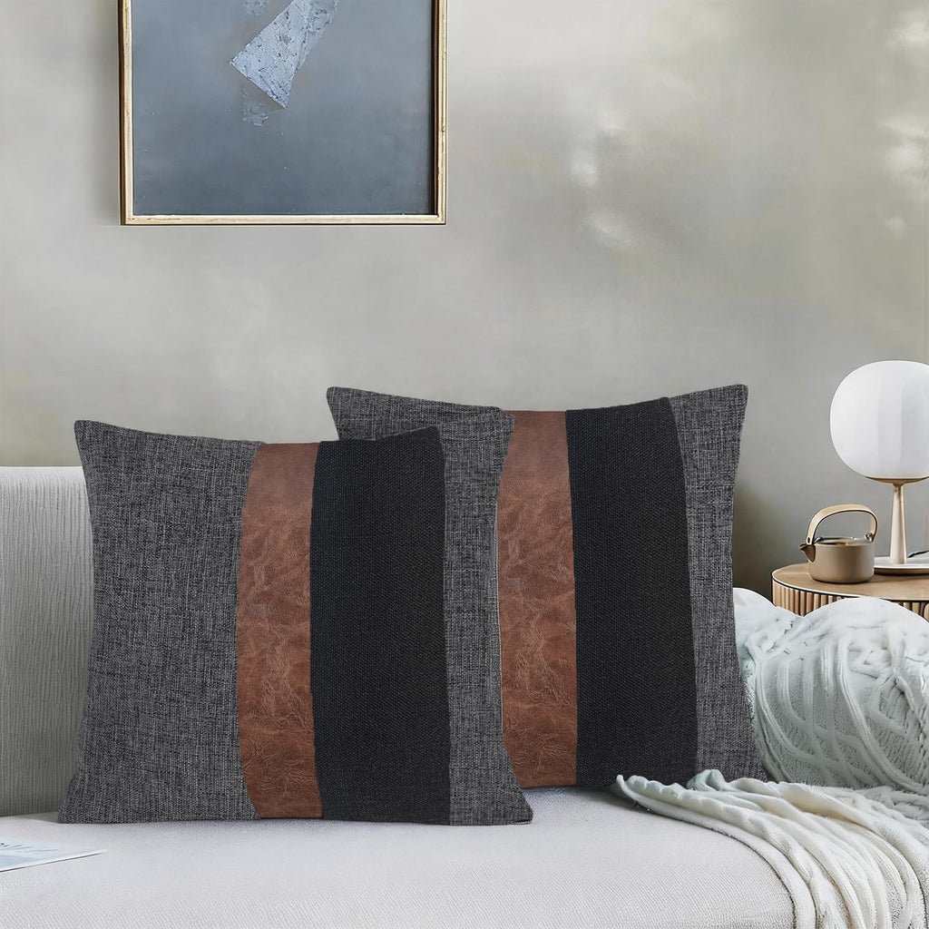 Thick Black Linen Farmhouse Lumbar Throw Pillow Cover Black Brown Color Block Decorative Linen Faux Leather Ticking