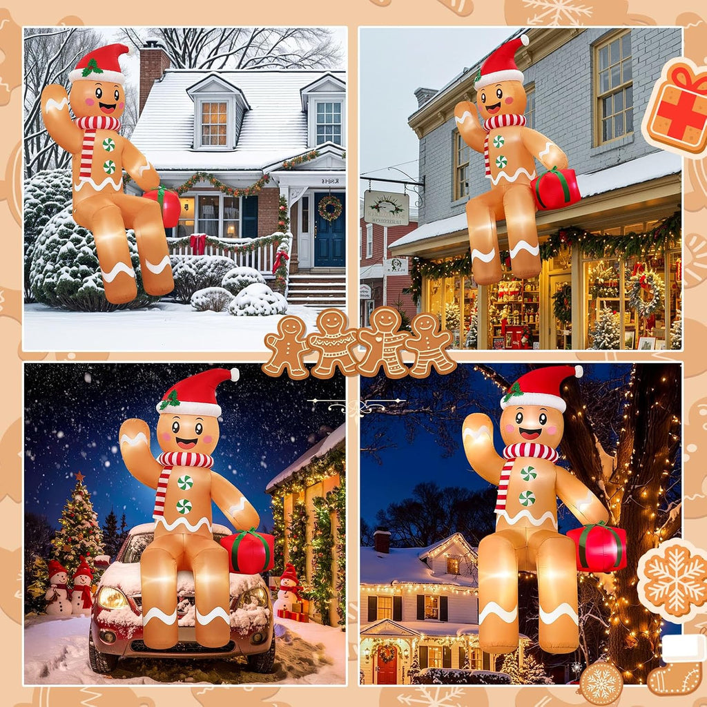 10FT Sitting Christmas Inflatable Gingerbread Man, Blow Up Yard Decorations