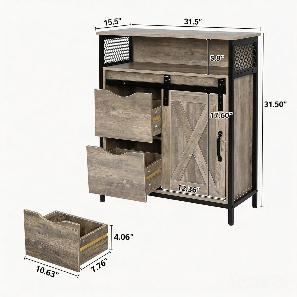 Farmhouse Bathroom Floor Storage Cabinet, Rustic Freestanding Cabinet Organizer w/Sliding Barn Door, 2 Large Drawers