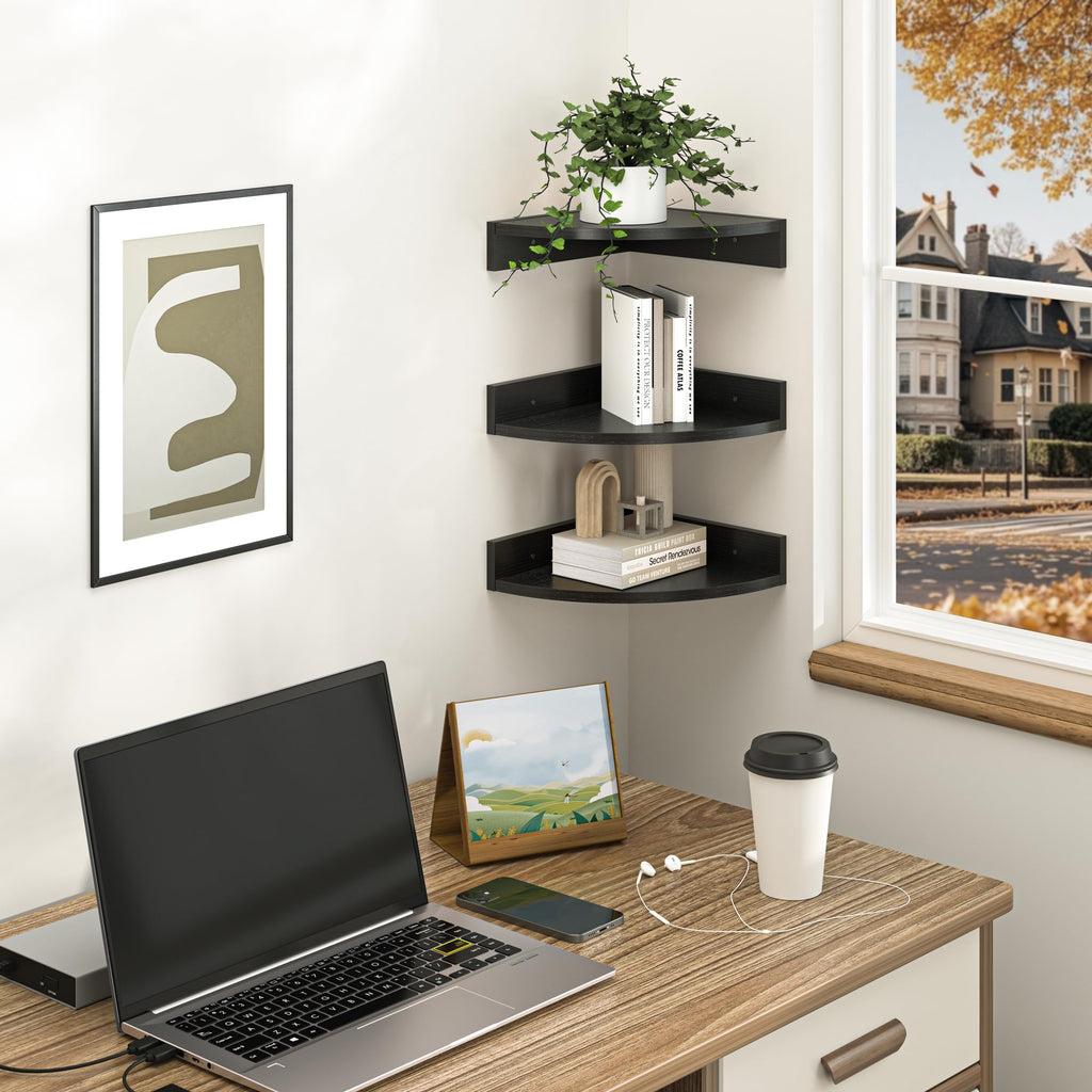 Corner Shelf Wall Mount, Wood Floating Corner Shelves, Corner Wall Shelf (Black, 3 Pack)