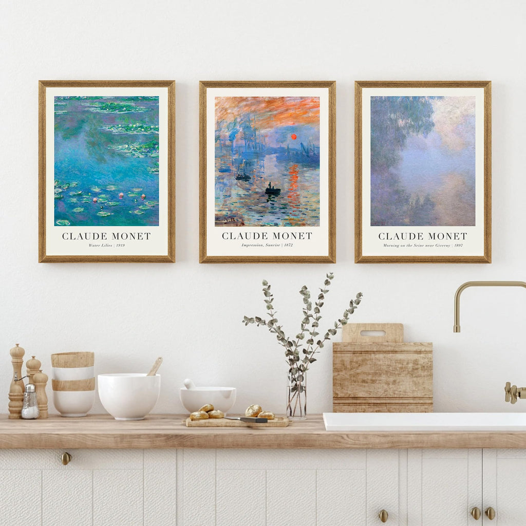 Triptych Framed Claude Monet Water Lilies Canvas Wall Art 16x24 in