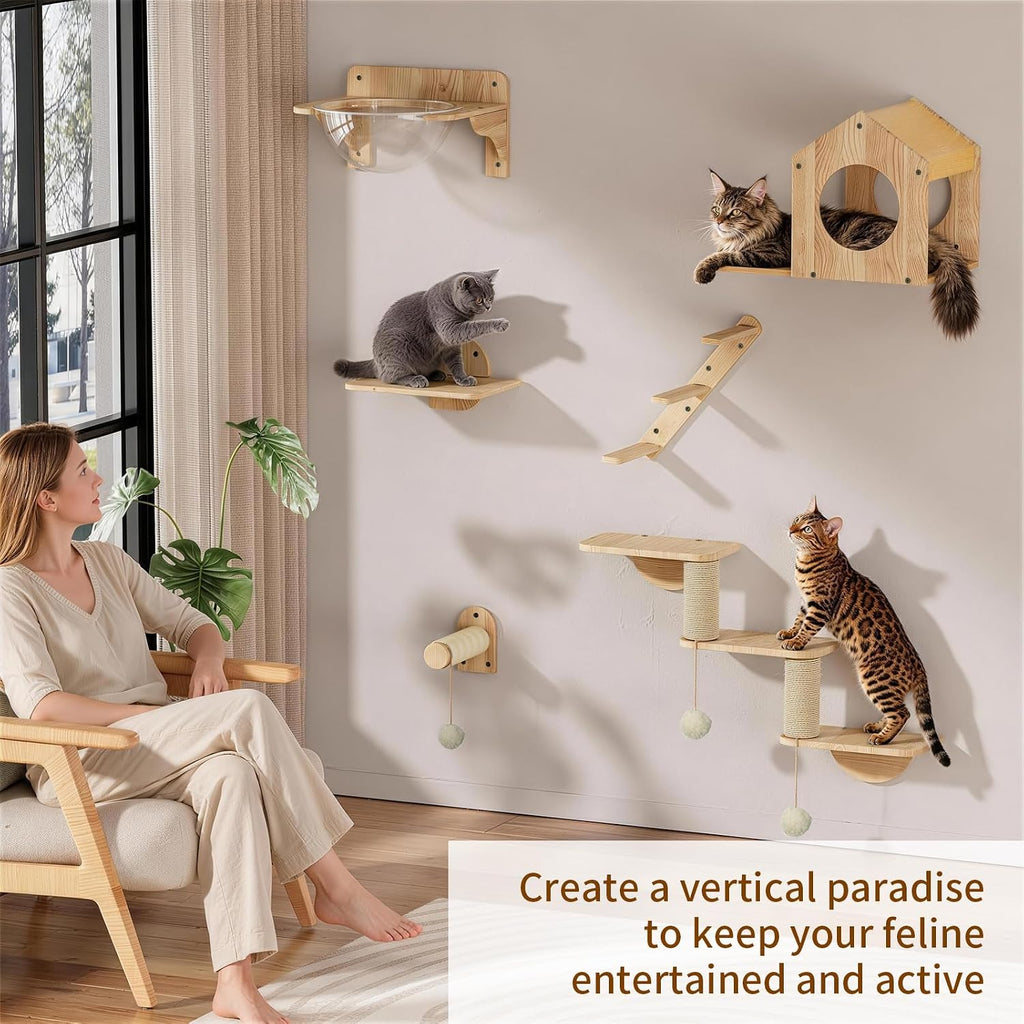 Cat Wall Shelves, Wood Cat Wall Furniture Set for Indoor Cats, Space Saving Wall Mounted Design, Cozy Hammock