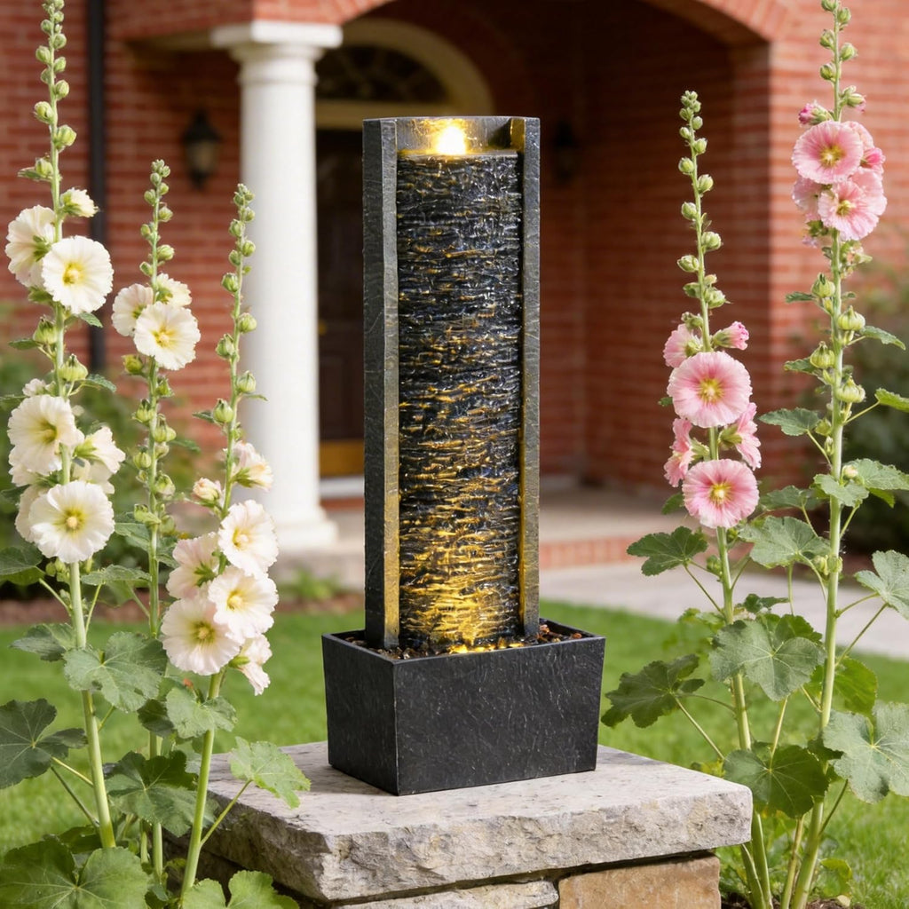 Outdoor Floor Standing Water Fountain with LED Lights, 36-Inch Modern Rectangular Cascading Waterfall Feature