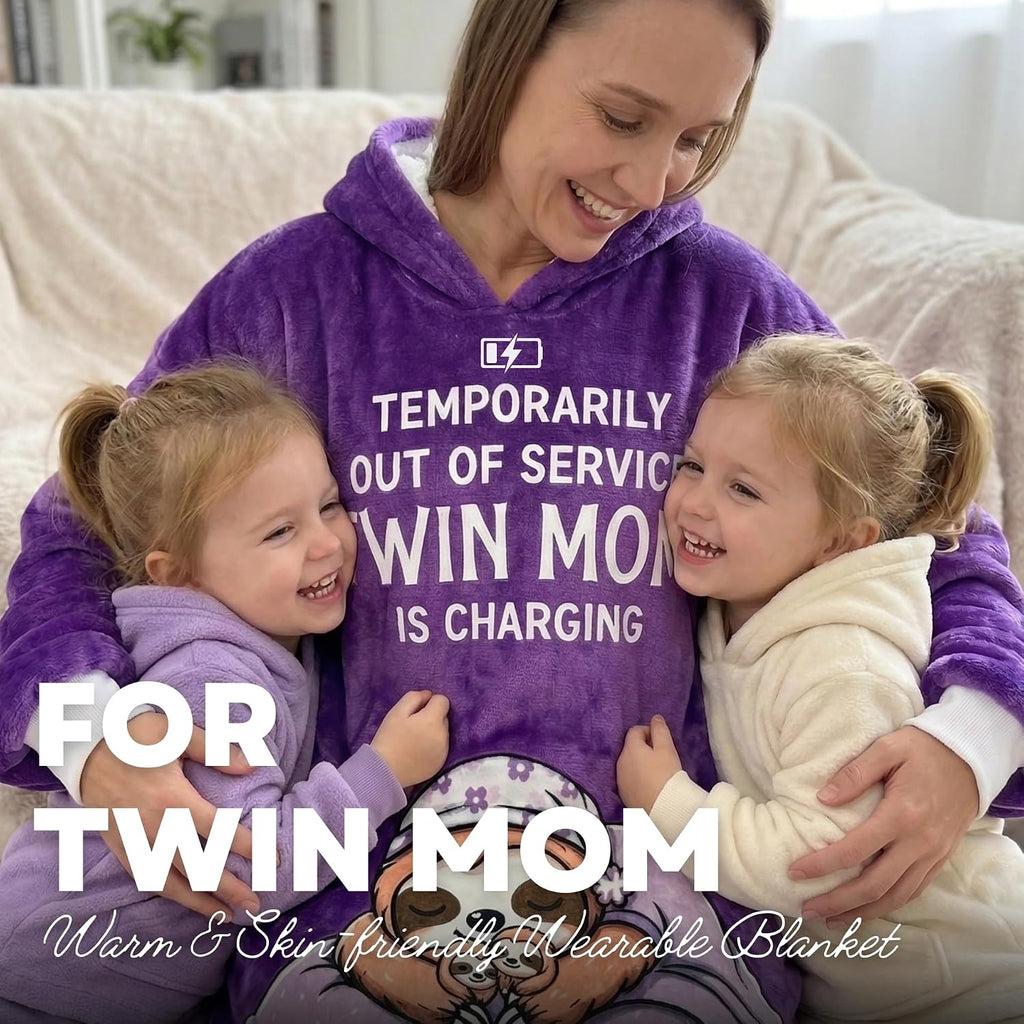 Twin Mom Gifts, Mom of Twins Gifts, Mother of Twins Wearable Flannel Blanket with Hoodie, Oversized Flannel Hooded