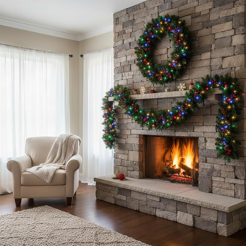 9ft Pre-lit Christmas Garland, with 8 Lighting Modes & Decorations